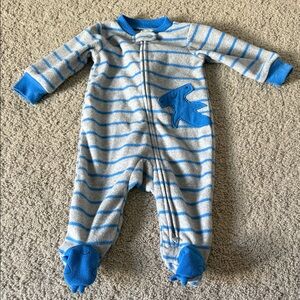 Blue and Gray Striped Kids Footie with Dinosaur Patch
